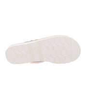 The image shows the bottom view of the Elias Light by Bed|Stü, featuring a white sole with a zigzag tread pattern and a rectangular logo area in the center, reflecting the lightweight design typical of quality leather sandals.