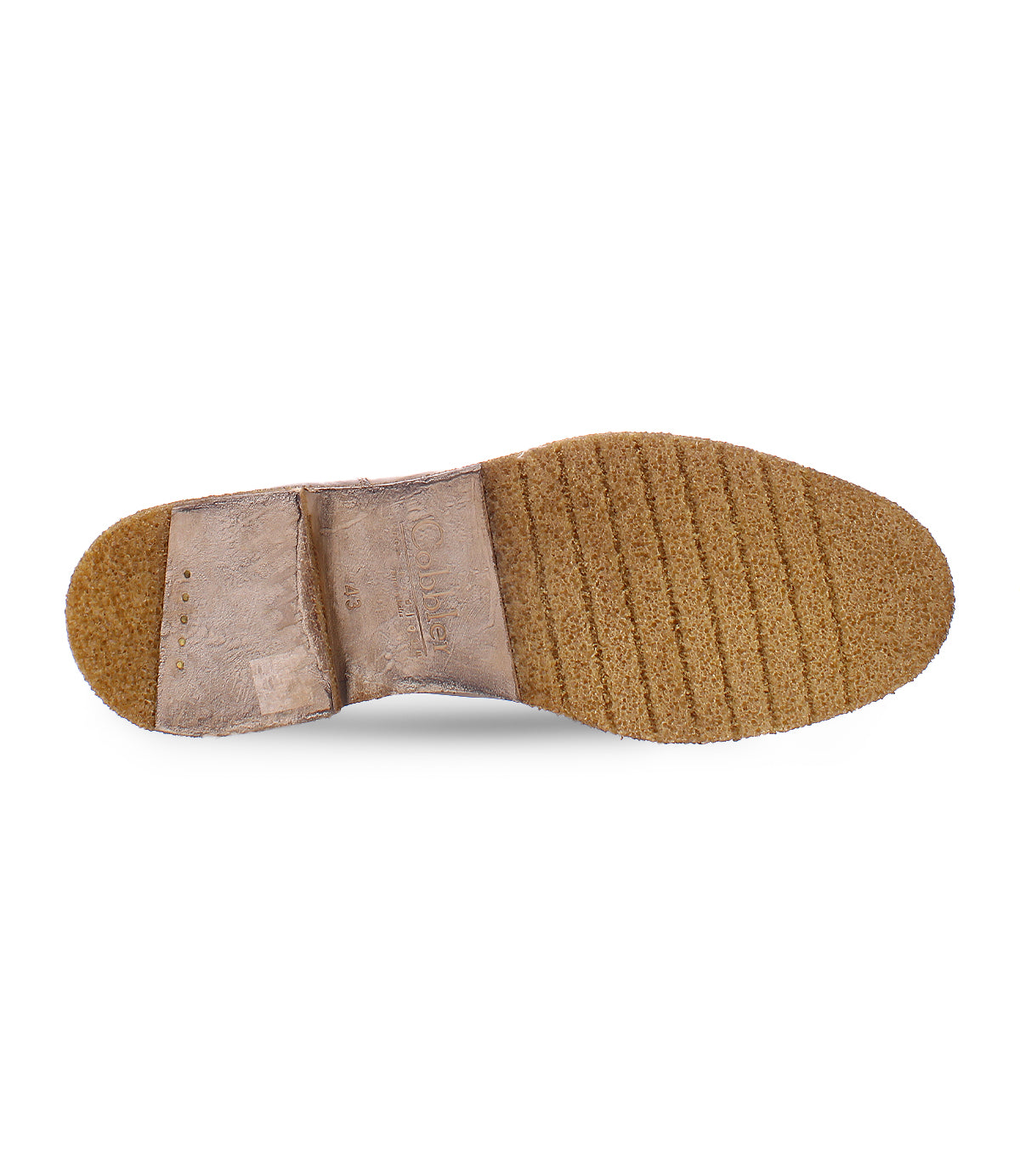 The image displays the bottom view of a single Elude men's leather boot by Bed|Stü, highlighting its textured, ribbed rubber sole and visible stitching near the heel—showcasing the detailed craftsmanship characteristic of Italian handcrafted boots.