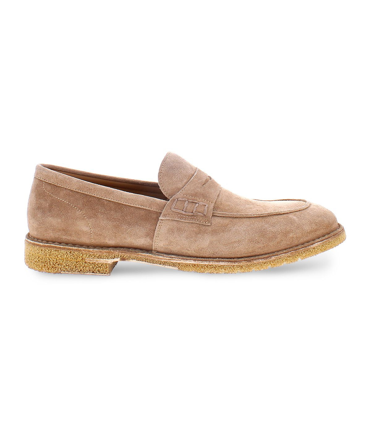 The Bed|Stü Envoy is a tan suede handcrafted loafer featuring a low heel, visible stitching, and a textured rubber sole, displayed in a left side profile view against a white background.