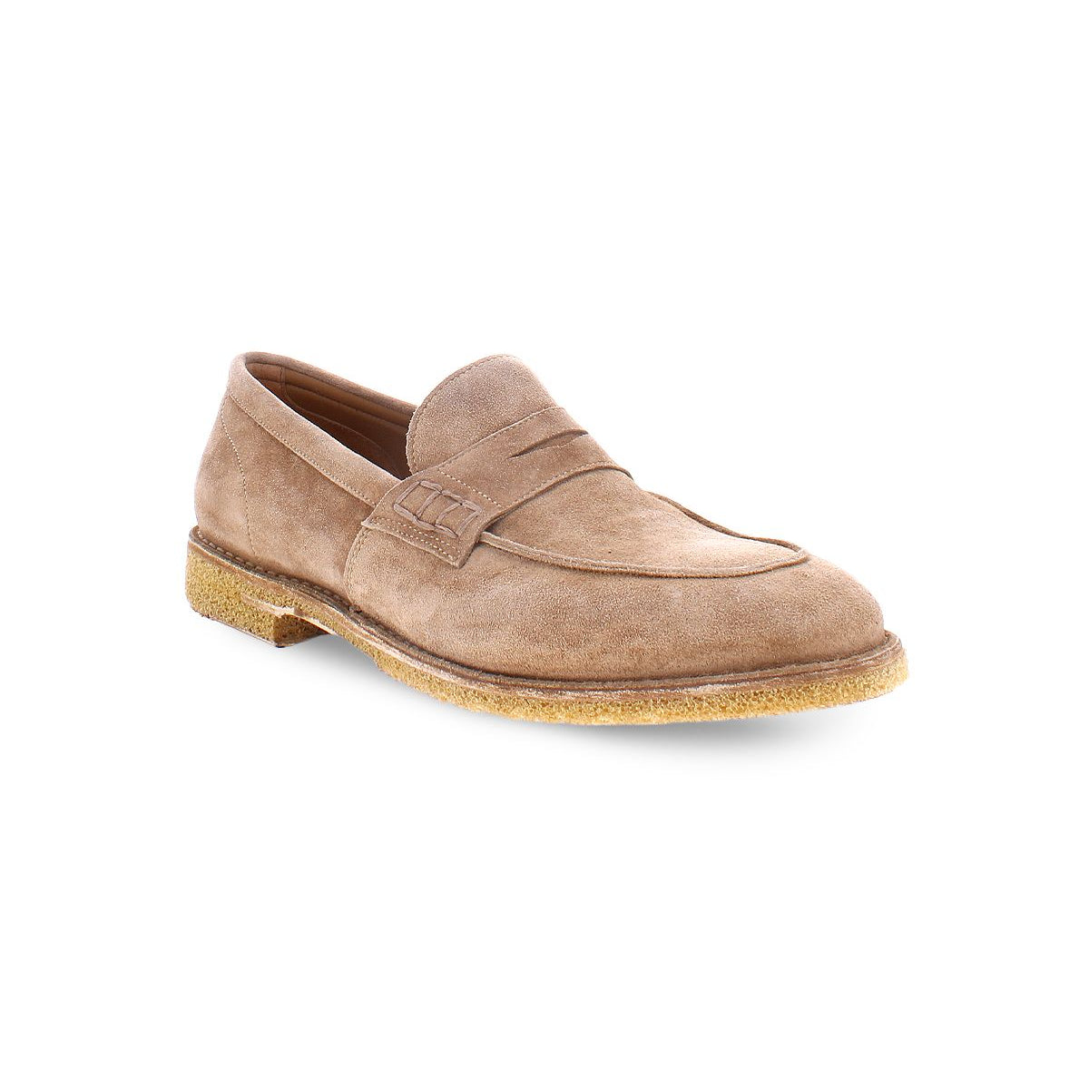 The Envoy by Bed|Stü, featuring beige suede, a rubber sole, penny slot detail on the upper, and visible stitching—photographed on a white background—showcases premium men's footwear that blends timeless style with exceptional handcrafted craftsmanship.