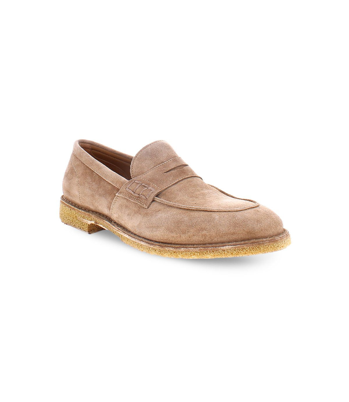 The Envoy by Bed|Stü, featuring beige suede, a rubber sole, penny slot detail on the upper, and visible stitching—photographed on a white background—showcases premium men's footwear that blends timeless style with exceptional handcrafted craftsmanship.