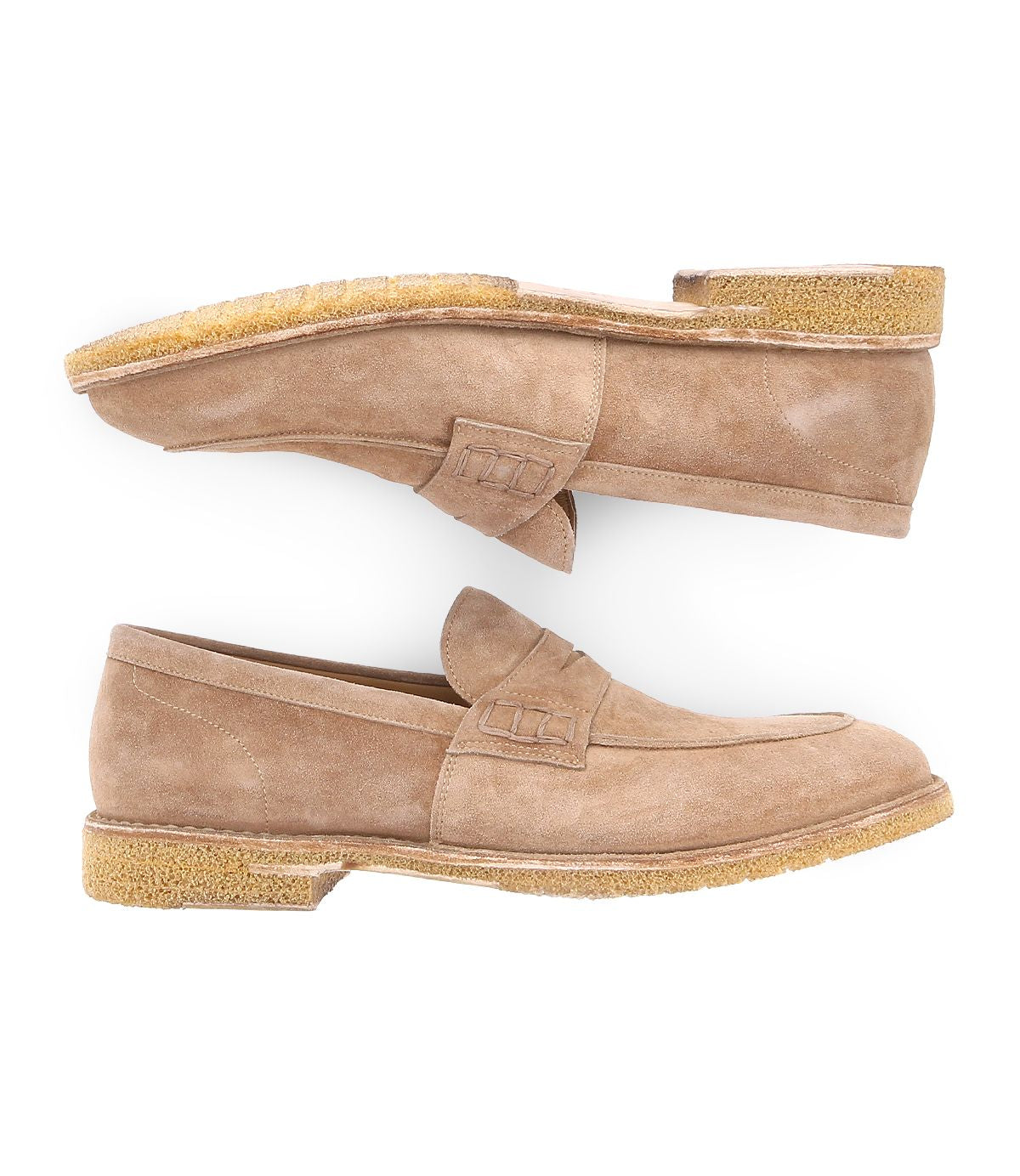 A pair of Bed|Stü Envoy tan suede handcrafted loafers with textured rubber soles, shown in a side view on a white background.