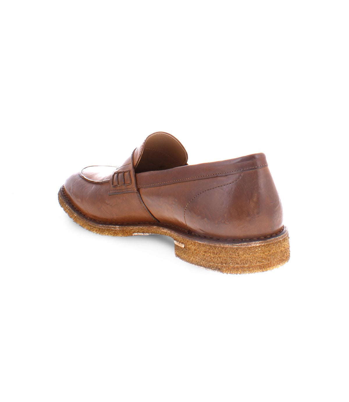 Introducing Envoy by Bed|Stü—a premium men’s footwear option. This handcrafted brown leather loafer features a durable rubber sole and is presented from the rear side angle against a white background.