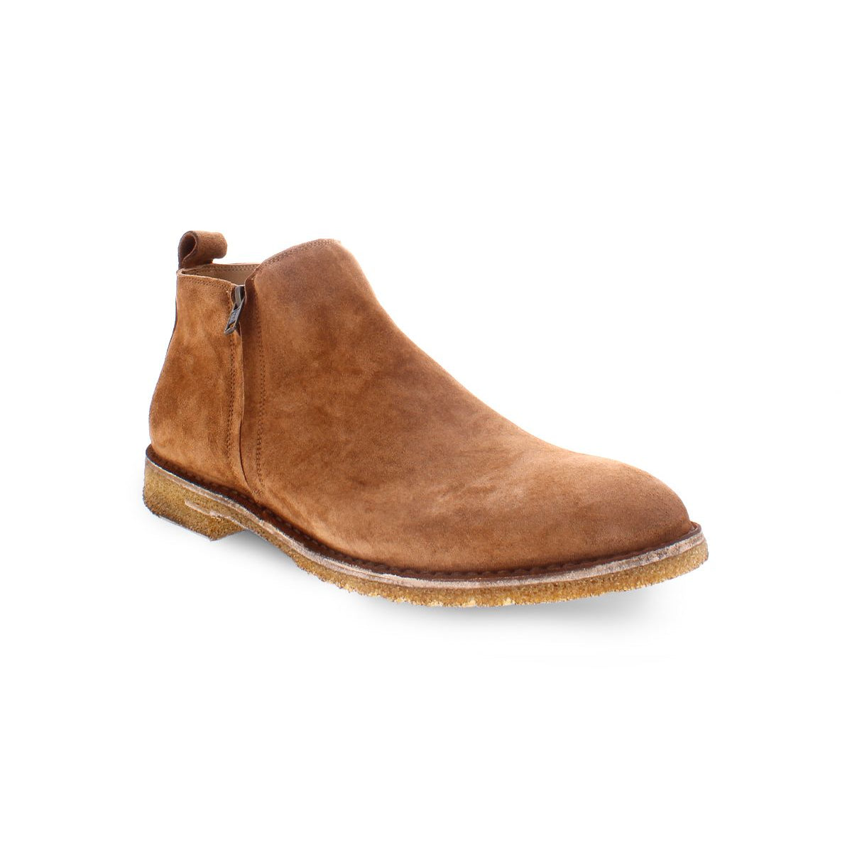 The Evade by Bed|Stü is a brown suede ankle boot featuring a side zipper, rounded toe, and light tan crepe sole, handcrafted in Italy and shown against a plain white background.