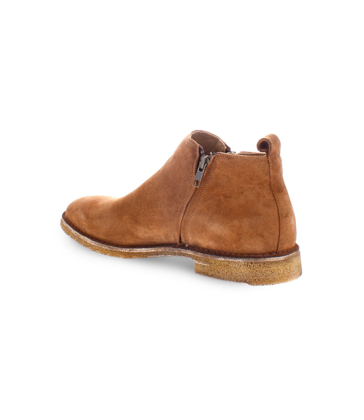The Evade by Bed|Stü is a men's brown suede ankle boot featuring dual side zippers and a durable rubber sole, expertly handcrafted in Italy. Shown angled to highlight the outer side and back against a white background.