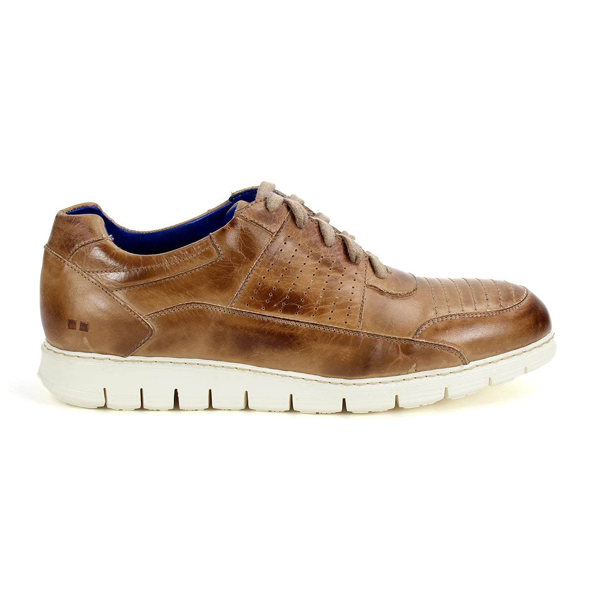 The Bed|Stü Fairman is a men's brown leather sneaker featuring three-tone leather accents, perforated detailing, laces, and a lightweight white sole, displayed from the side on a white background.