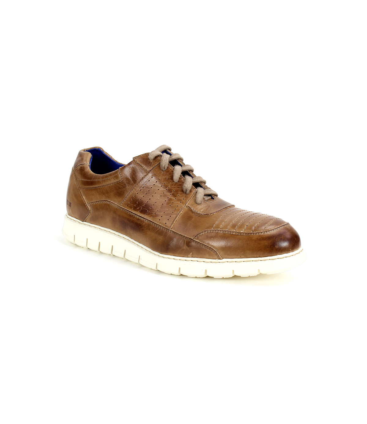 The Bed|Stü Fairman is a brown leather casual men's sneaker featuring a lightweight sole and white laces, photographed on a white background.