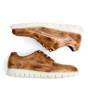 A pair of Bed|Stü Fairman men's brown three-tone leather sneakers with white lightweight rubber soles, displayed from the side and bottom views on a white background.