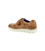 The Bed|Stü Fairman men's sneaker in brown leather, showcasing a lightweight sole and subtle three-tone leather accents, is displayed from the rear side angle against a white background.