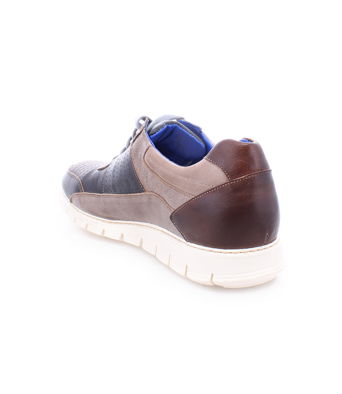 The Bed|Stü Fairman is a men’s sneaker in brown and gray three-tone leather, featuring a lightweight sole and white accents, shown from the back left side against a plain white background.