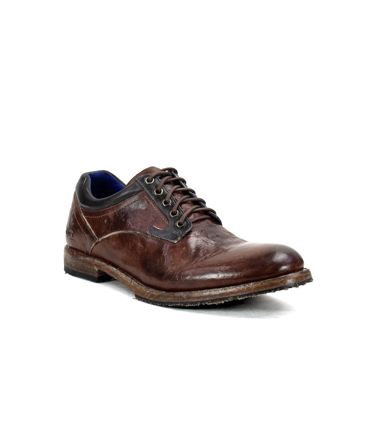 A single Fierce derby lace-up dress shoe by Bed|Stü, crafted from brown washed leather with visible stitching, a Goodyear welt, and a slightly worn sole, is photographed against a white background.