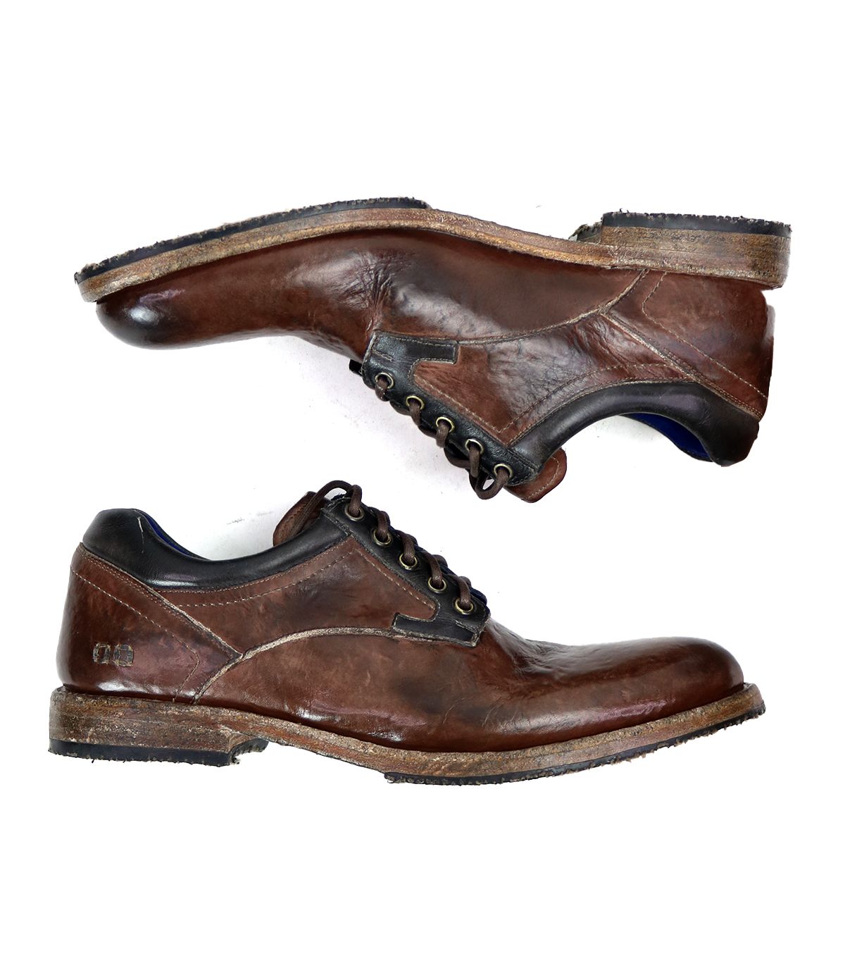 Two worn brown washed leather Fierce derby shoes by Bed|Stü, featuring black laces, visible scuffs, and classic Goodyear welt construction, are positioned side by side on a white background.