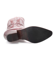 A single Bed|Stü Finito pink leather cowboy boot is shown sole up, highlighting its black outsole, block heel, and intricately stitched decorative upper that embodies classic western style.