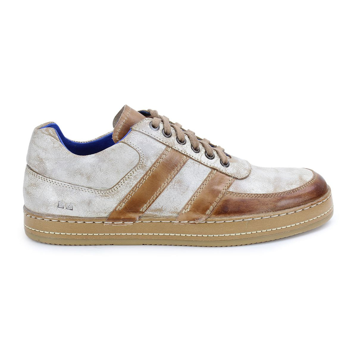 The Firepower sneaker by Bed|Stü is shown in a left side profile view, featuring beige and brown shades with two brown leather stripes on the sides, a tan textured sole, and brown laces.