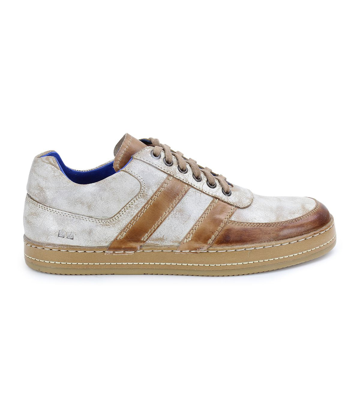 The Firepower sneaker by Bed|Stü is shown in a left side profile view, featuring beige and brown shades with two brown leather stripes on the sides, a tan textured sole, and brown laces.