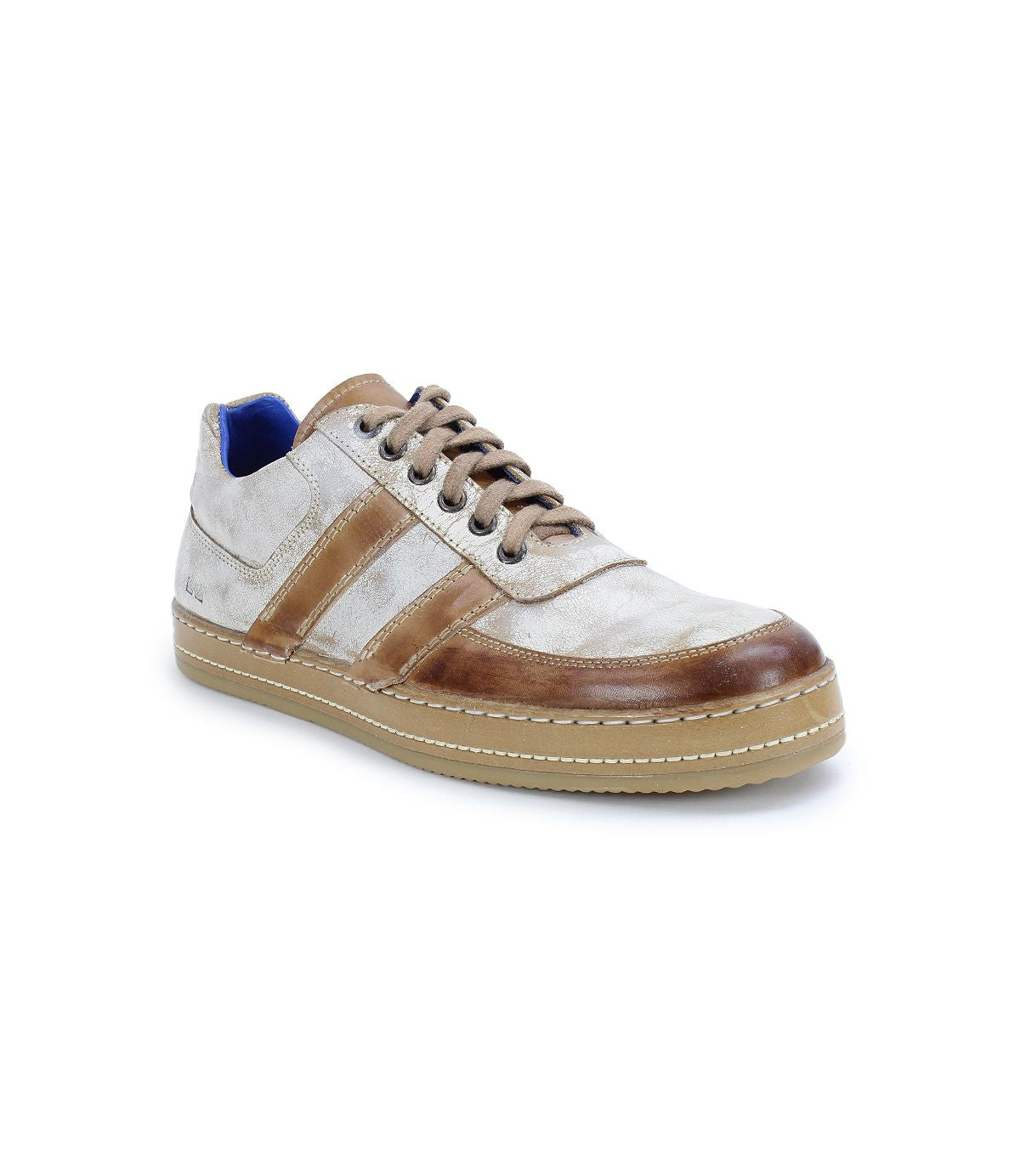 Introducing the Bed|Stü Firepower: a beige and brown casual sneaker with a lace-up closure, featuring a white side panel adorned with subtle leather stripe details, brown accents, and a gum-colored textured sole. Photographed on a white background.