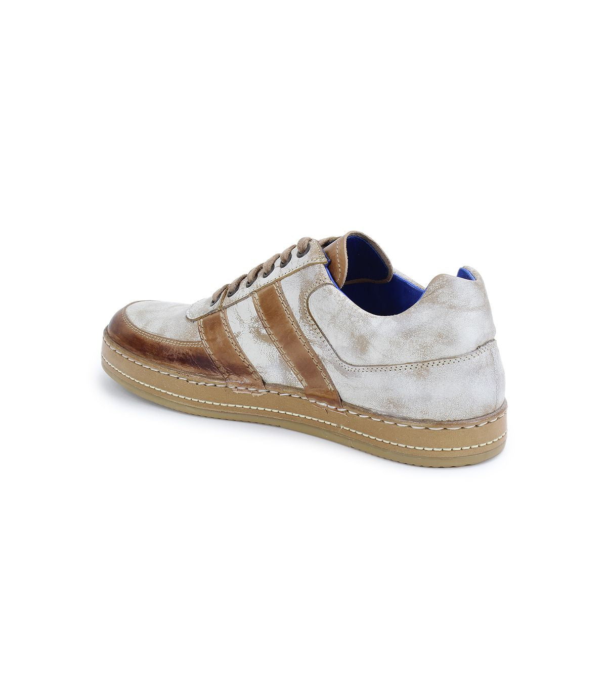 The Bed|Stü Firepower is a brown and white everyday sneaker featuring subtle leather stripe details and a tan textured sole, shown from the back left side on a white background.