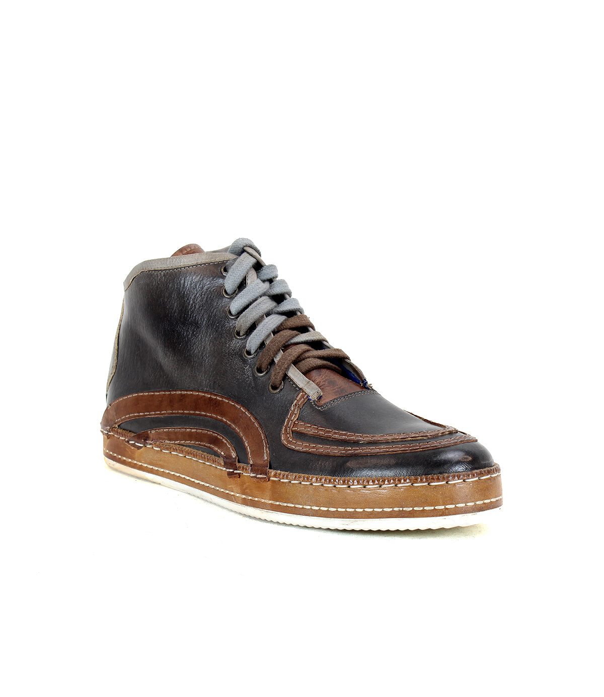 The Bed|Stü Formation is a black and brown leather high-top sneaker with gray laces, showcasing classic leather paneling and a distinctive high-top silhouette, displayed at an angle on a white background.