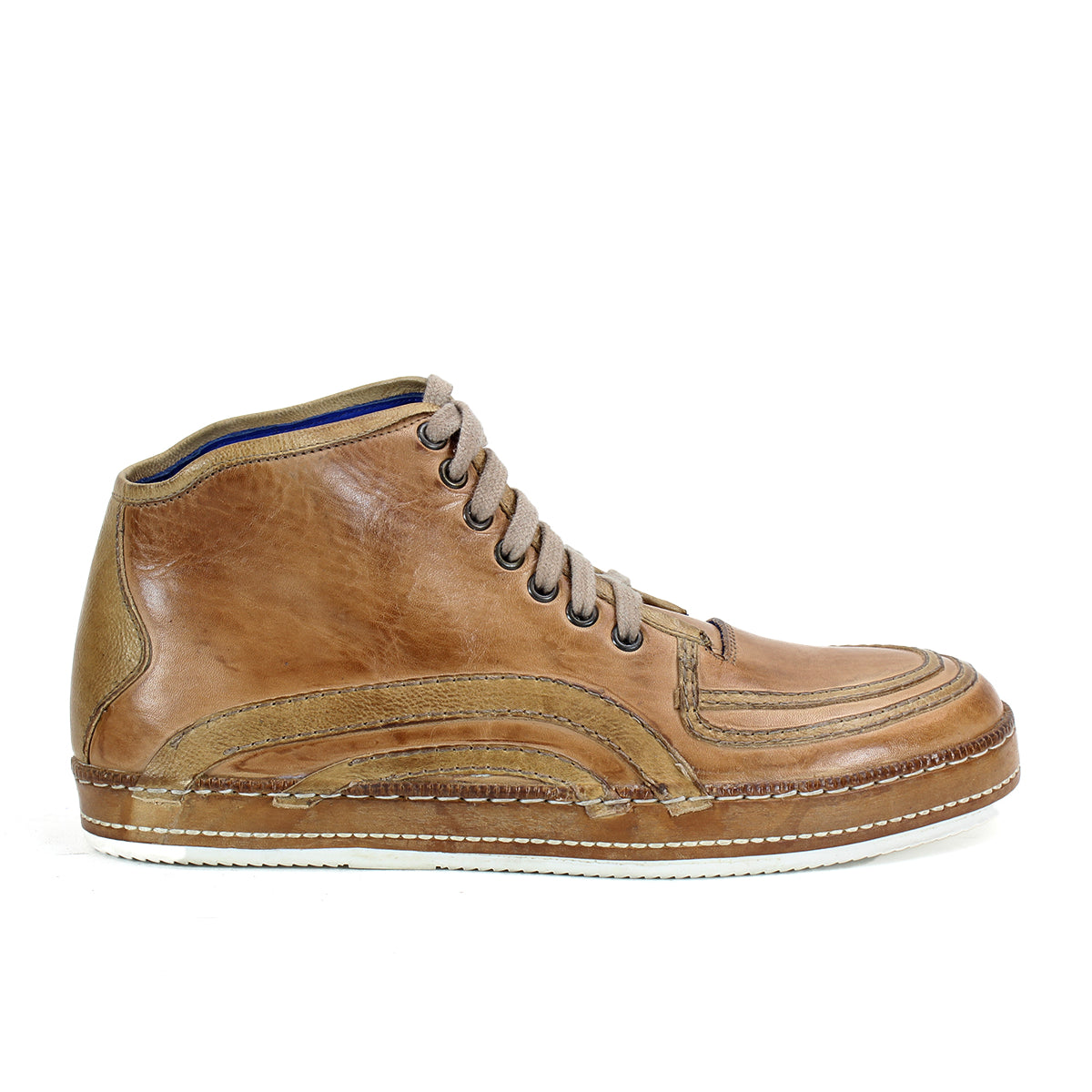 The Bed|Stü Formation is a brown leather high-top sneaker, featuring beige laces, detailed stitching, and a flat white sole. Its classic high-top silhouette and leather paneling are highlighted in a side profile view against a white background.