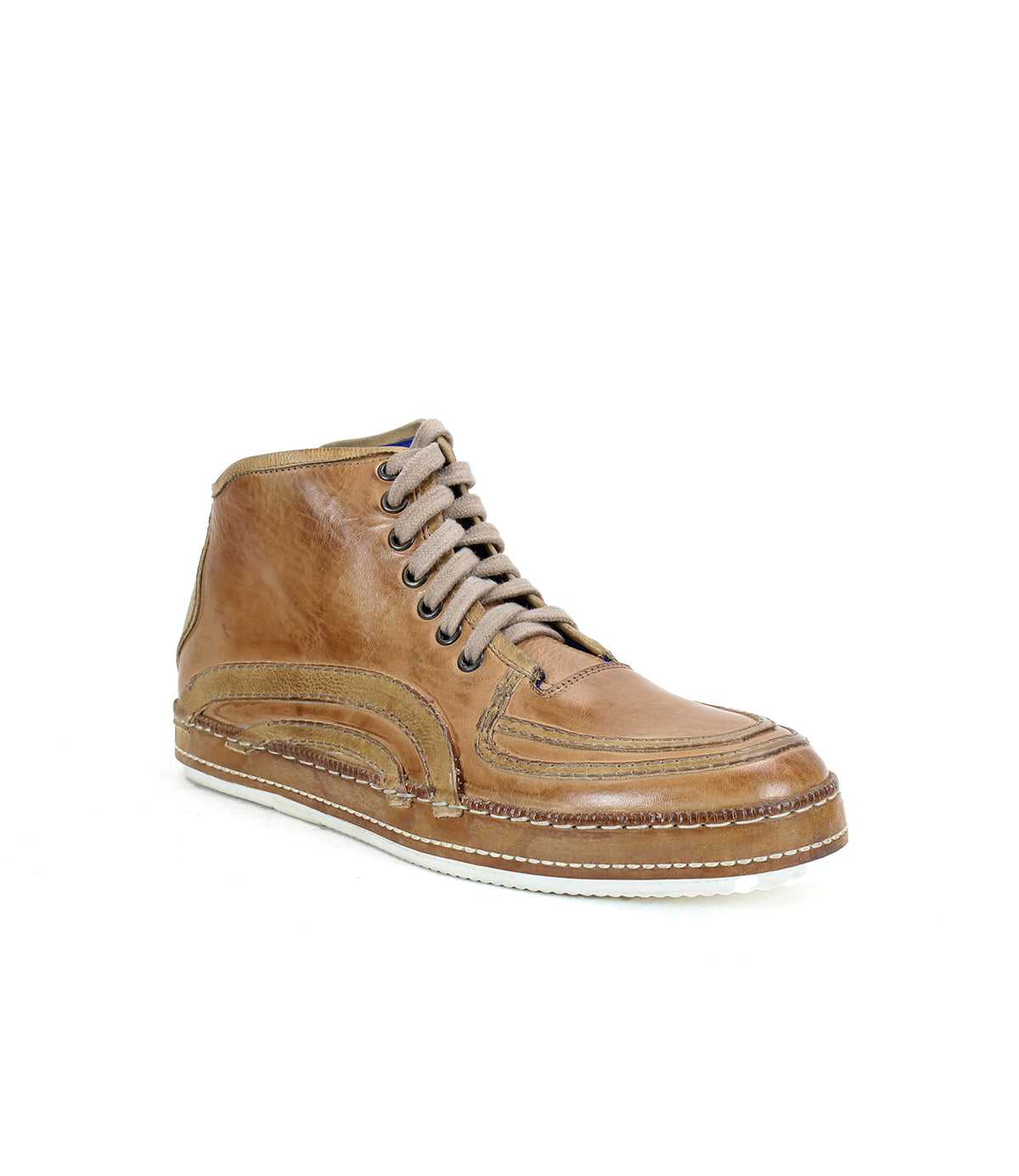 Introducing the Formation high-top sneaker by Bed|Stü: A brown leather shoe showcasing classic panel detailing and a clean white sole, finished with light gray laces. Photographed against a plain white background, this vintage court-inspired silhouette effortlessly merges timeless style with contemporary comfort.