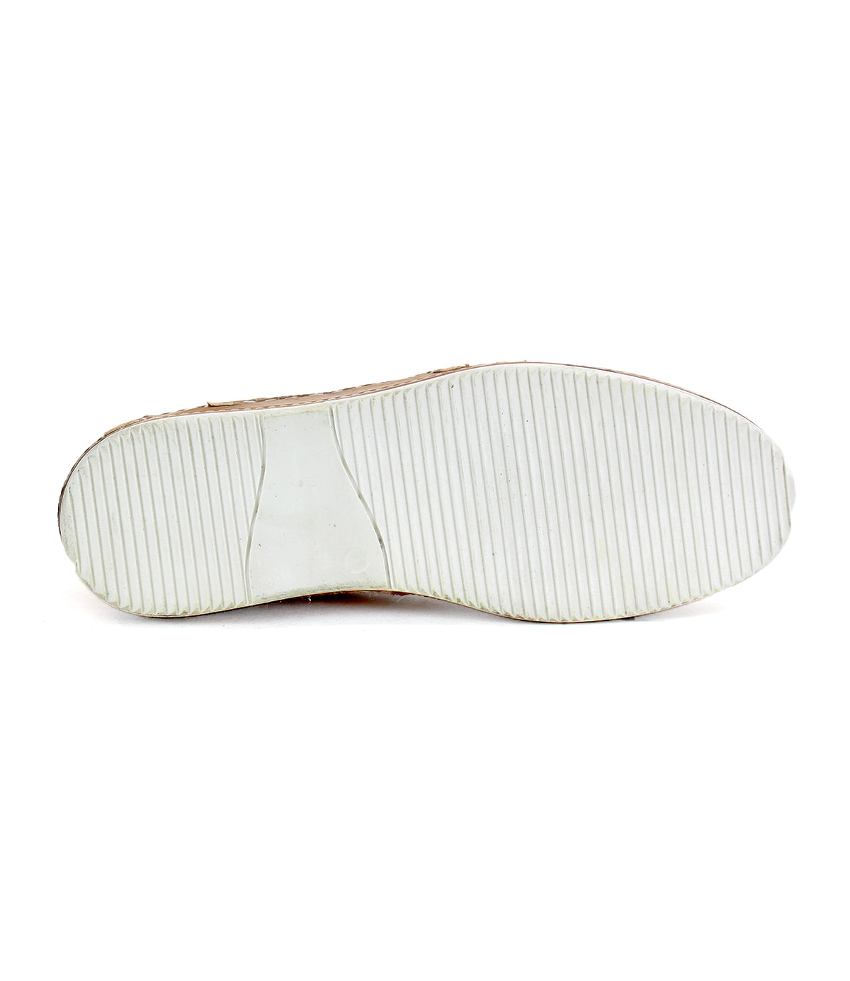 The image shows the underside of a single Bed|Stü Formation shoe with a white, ribbed rubber sole photographed against a plain white background, highlighting the timeless appeal of vintage court sneakers.