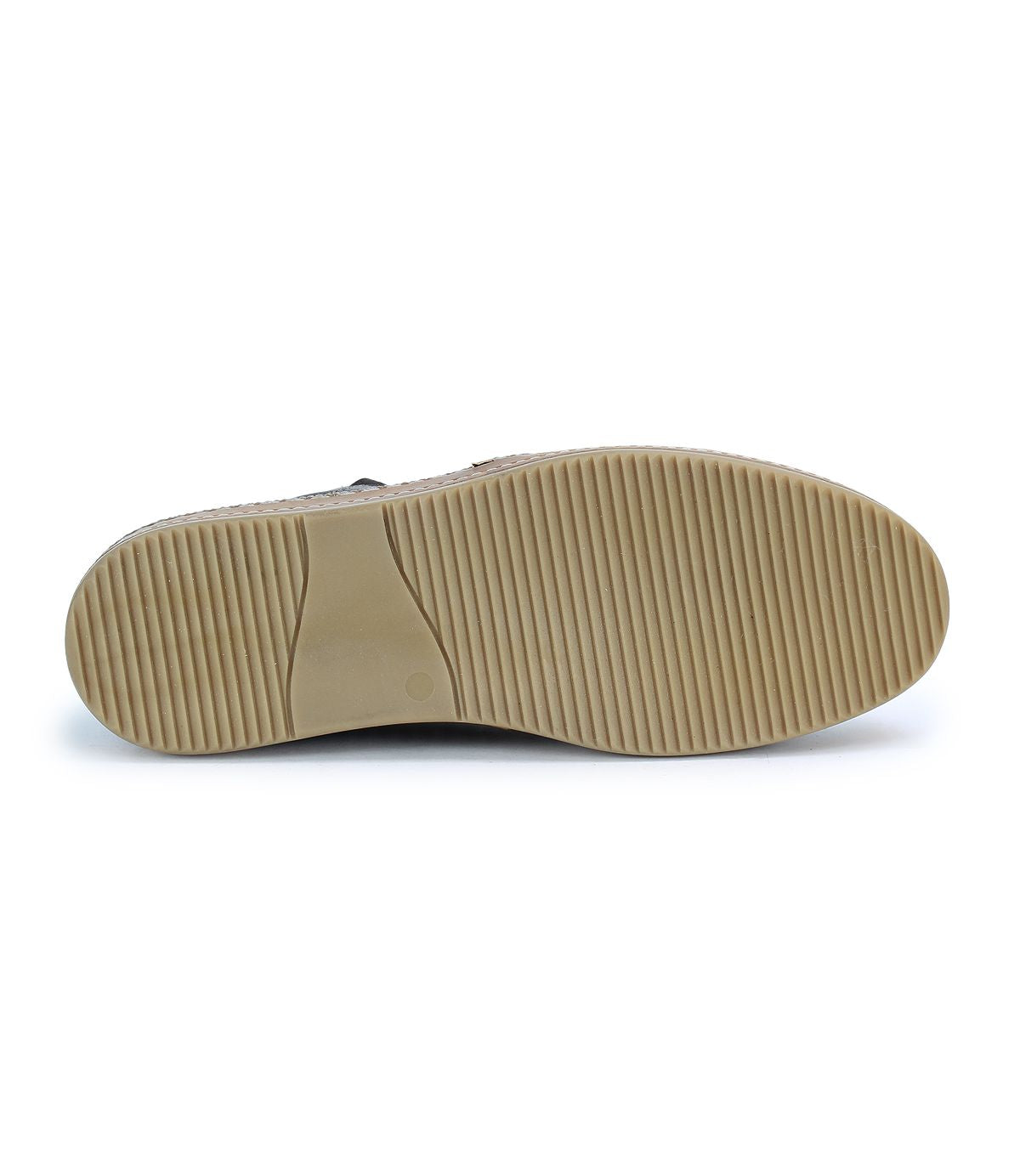 The image shows the bottom view of the Bed|Stü Freestyle slip-on sneaker, featuring a beige rubber sole with horizontal grooves and a textured tread pattern.