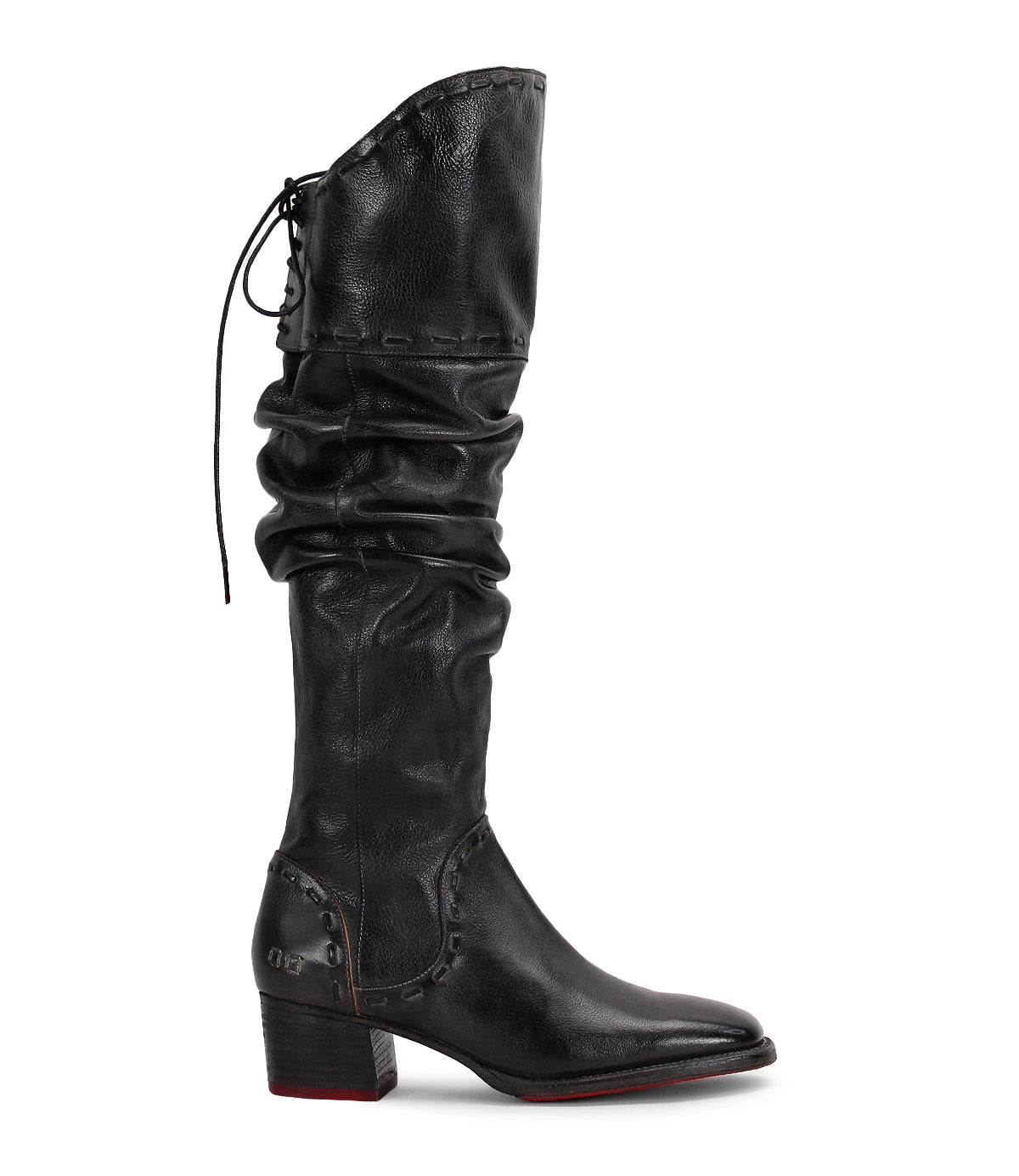 Introducing Leilani by Bed|Stü—a tall black leather boot featuring a slouchy shaft, pointed toe, low block heel, front stitching details, and elegant ruching with lace-up accents at the back.