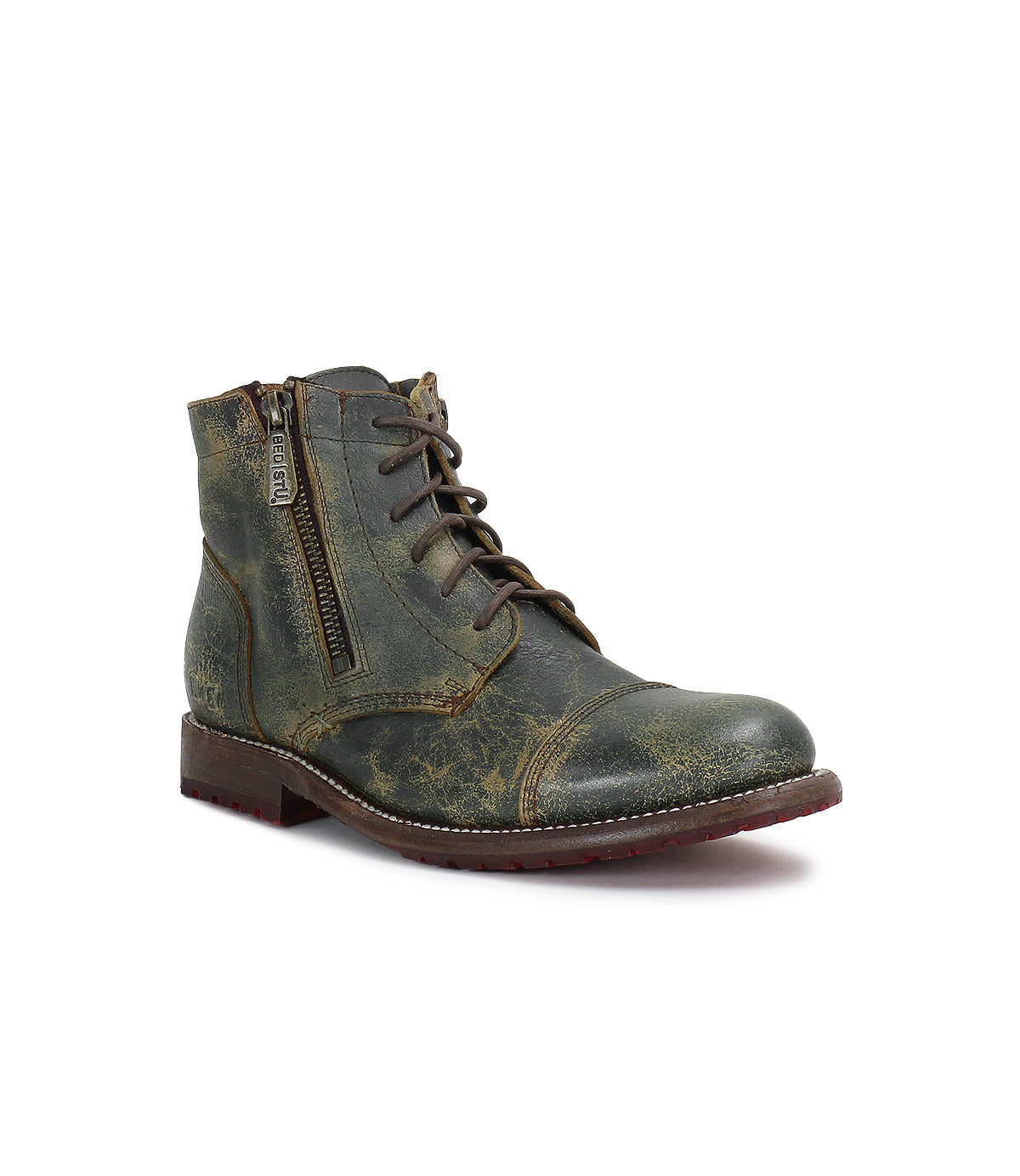 The Bed|Stü Bonnie II is a single dark green ankle boot in combat style, featuring leather construction with laces, a side zipper, cap toe, Goodyear-welted outsole, and a worn finish, displayed on a white background.