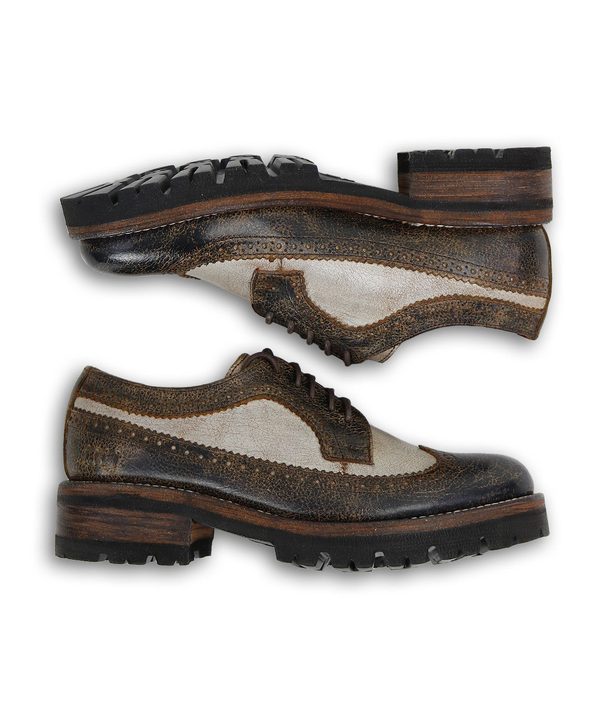 Two Bed|Stü Lita K III shoes, featuring vintage-inspired design with brown leather trim, white canvas and leather panels, and thick dark soles, displayed side by side on a white background.