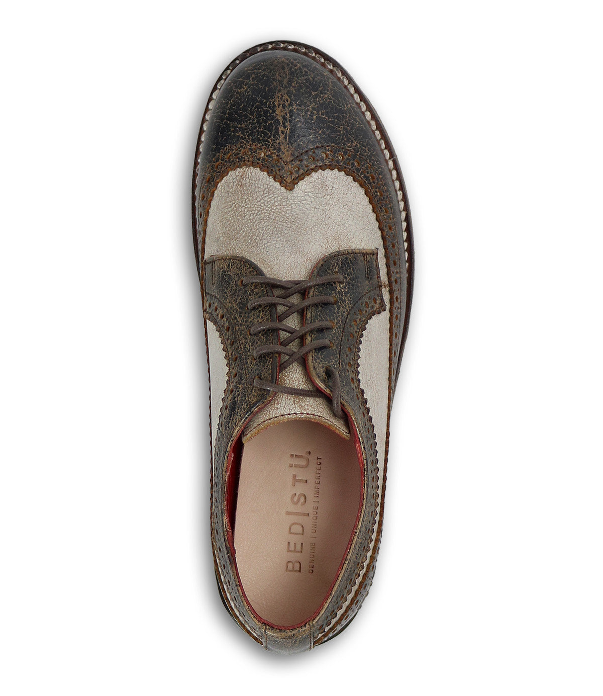 Top view of the Bed|Stü Lita K III men's lace-up oxford shoe featuring textured brown and beige leather, perforated brogue detailing, and "Bed|Stü" branding on the insole—a vintage-inspired design that combines timeless craftsmanship with modern style.