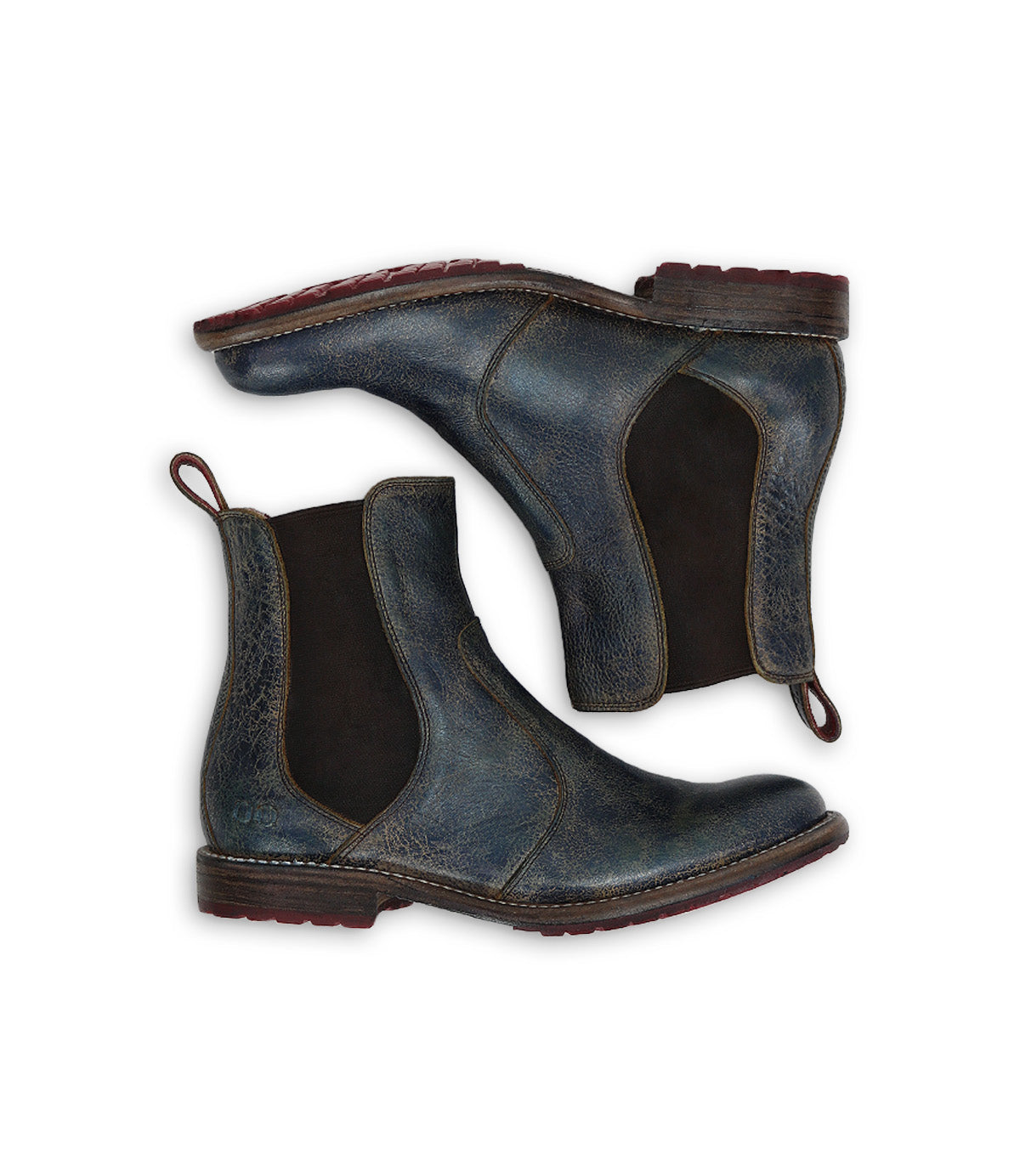 A pair of Bed|Stü Nandi blue leather Chelsea boots with brown elastic side panels and pull tabs, featuring a classic slip-on design, displayed on a white background.
