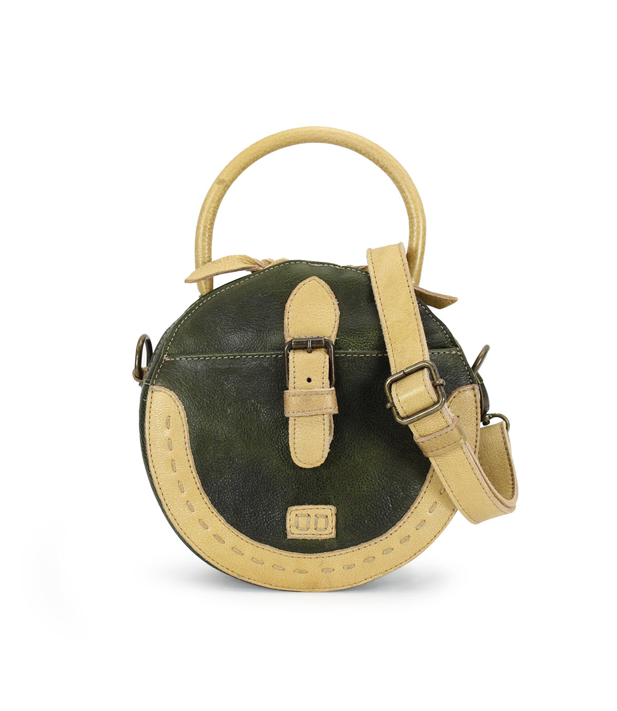 Introducing the Arenfield by Bed|Stü: a round green and beige leather crossbody bag featuring a short handle, front buckle detail, adjustable strap, zip-top closure, and visible stitching.