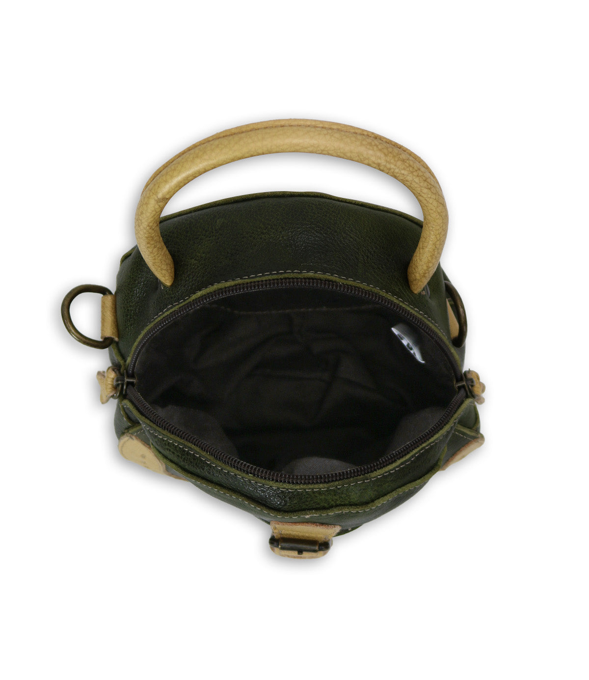 Top view of the Bed|Stü Arenfield open green leather crossbody bag with tan handles and an adjustable strap, displaying its empty black interior and zip-top closure against a white background.