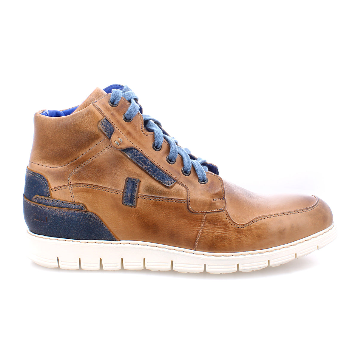 The Bed|Stü Galahad is a brown leather high-top sneaker featuring blue accents, blue laces, and a white lightweight sole. Shown in profile against a white background, it’s an ideal choice for those seeking stylish and comfortable leather sneakers.