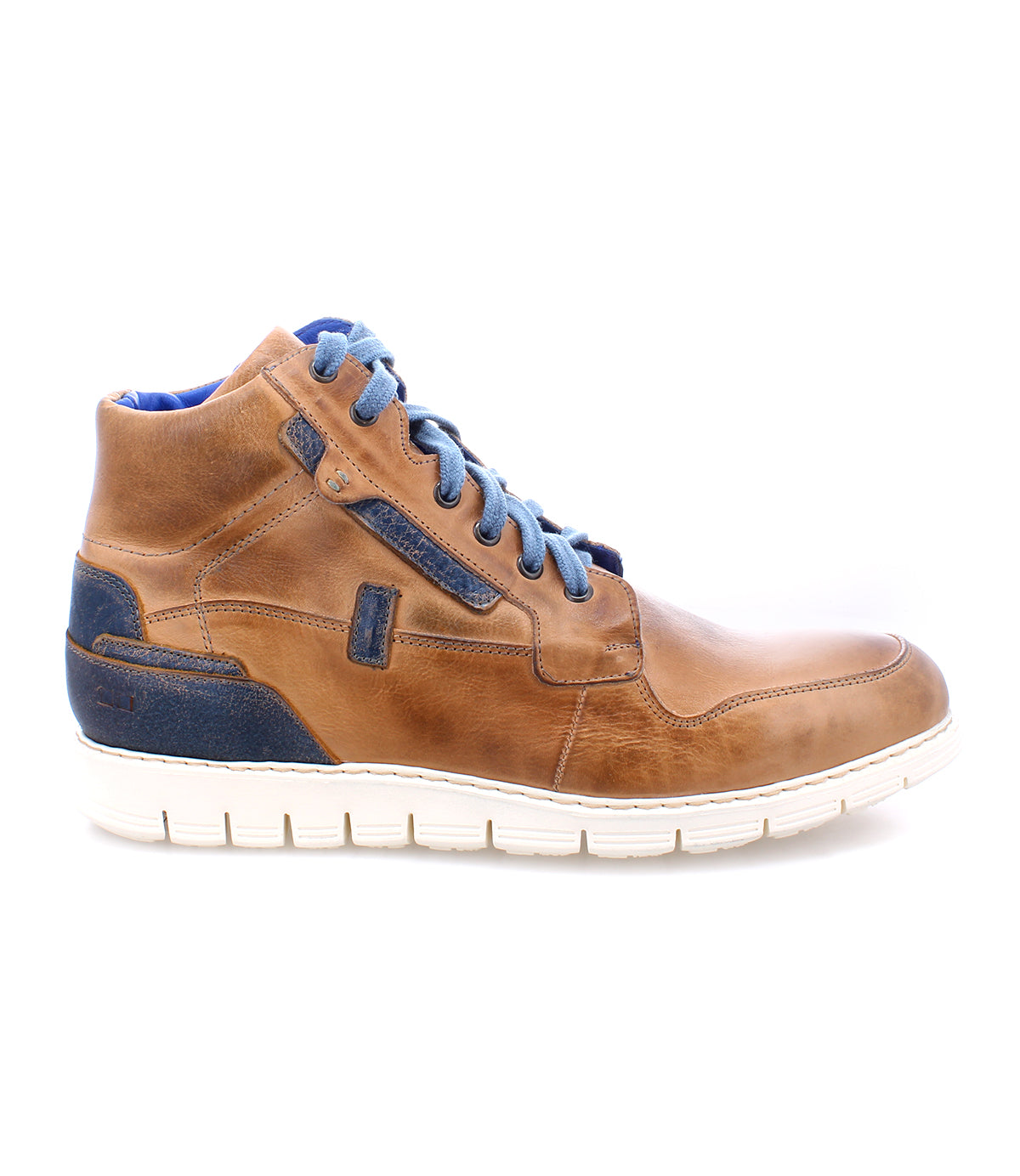 The Bed|Stü Galahad is a brown leather high-top sneaker featuring blue accents, blue laces, and a white lightweight sole. Shown in profile against a white background, it’s an ideal choice for those seeking stylish and comfortable leather sneakers.