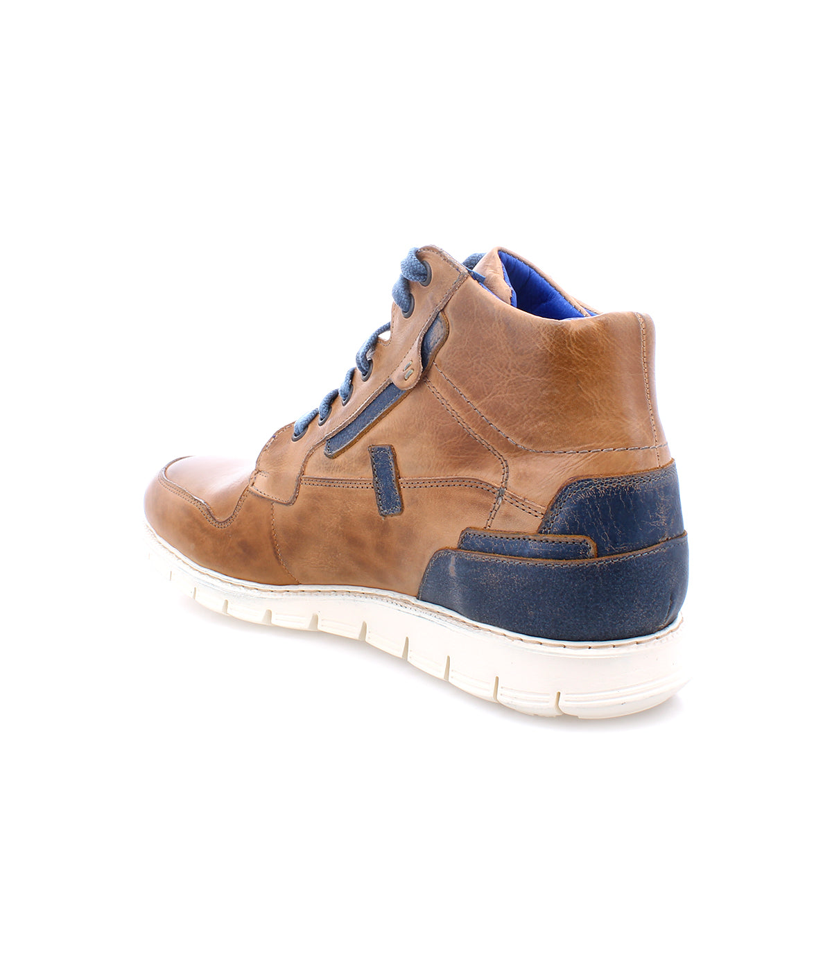 The Galahad by Bed|Stü is a brown leather high-top sneaker featuring blue accents and a lightweight white sole, shown from the back on a white background. These stylish Galahad sneakers blend classic high-top design with contemporary comfort.