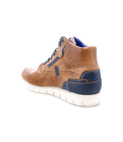 The Galahad by Bed|Stü is a brown leather high-top sneaker featuring blue accents and a lightweight white sole, shown from the back on a white background. These stylish Galahad sneakers blend classic high-top design with contemporary comfort.