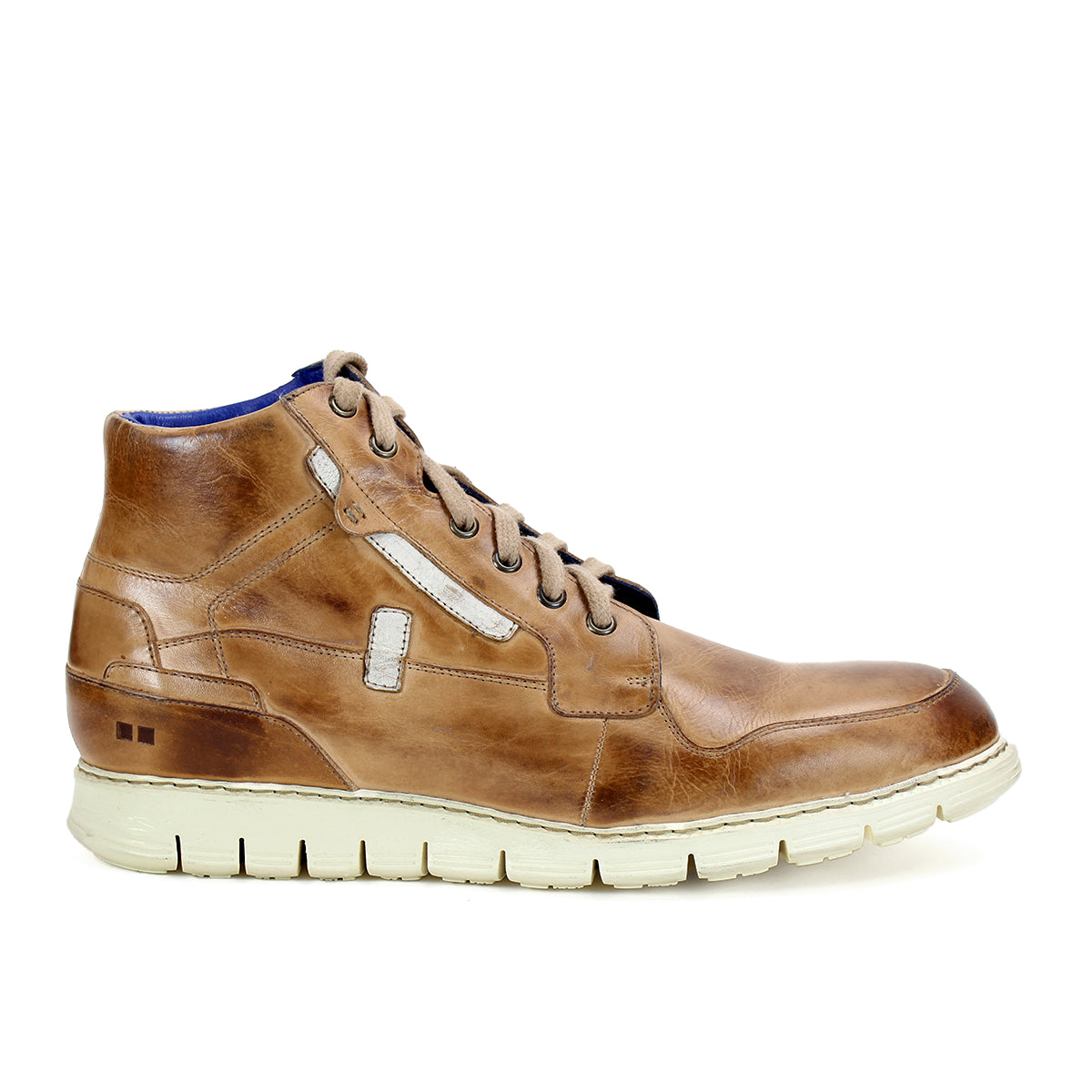 The Bed|Stü Galahad is a brown leather high-top sneaker featuring a lightweight sole, white accents, and visible stitching, shown from the side against a white background.