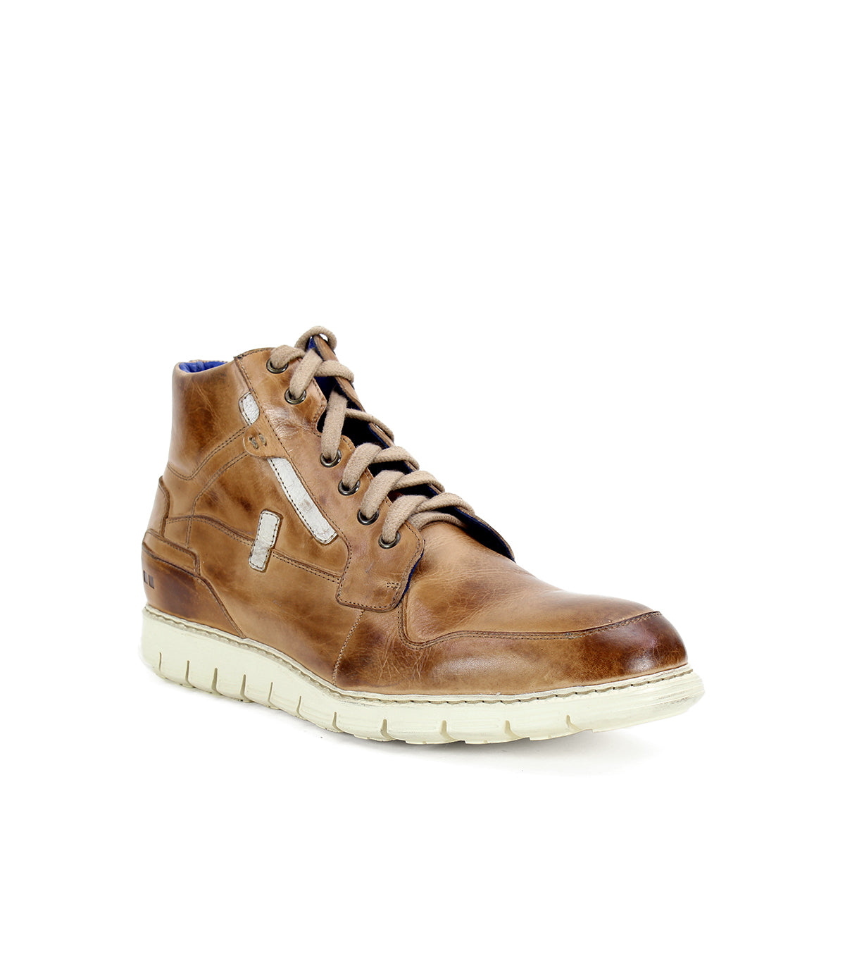 The Galahad by Bed|Stü is a brown leather lace-up ankle boot featuring a white, lightweight sole, a slight heel, and decorative stitching—blending the timeless style of classic leather sneakers with the comfort of high-top sneakers—photographed against a plain white background.