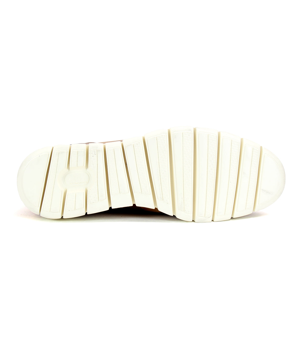 The image displays the white rubber sole of the Bed|Stü Galahad shoe, viewed from underneath, showcasing wide horizontal grooves for traction—a lightweight and supportive foundation ideal for these high-top sneakers.