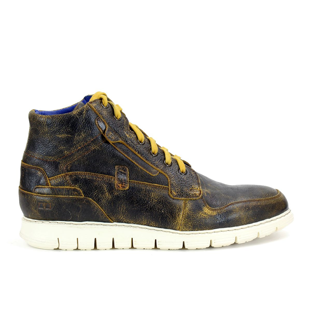 The Bed|Stü Galahad is a brown leather high-top sneaker featuring yellow laces and a white lightweight sole, presented in profile against a white background.