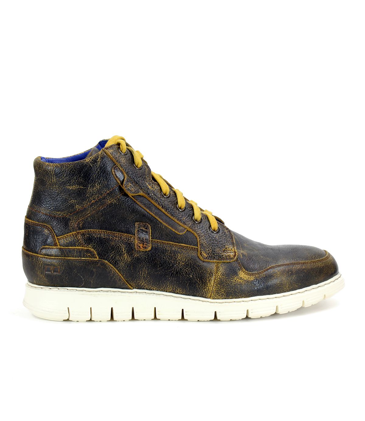 The Bed|Stü Galahad is a brown leather high-top sneaker featuring yellow laces and a white lightweight sole, presented in profile against a white background.