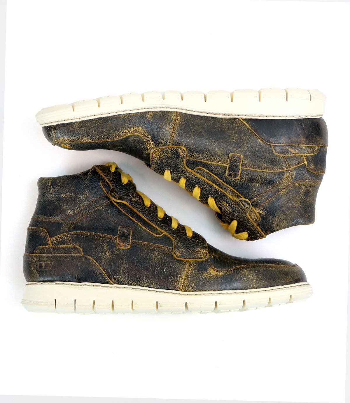 A pair of Bed|Stü Galahad high-top leather sneakers with white, lightweight soles is displayed side by side on a white background.