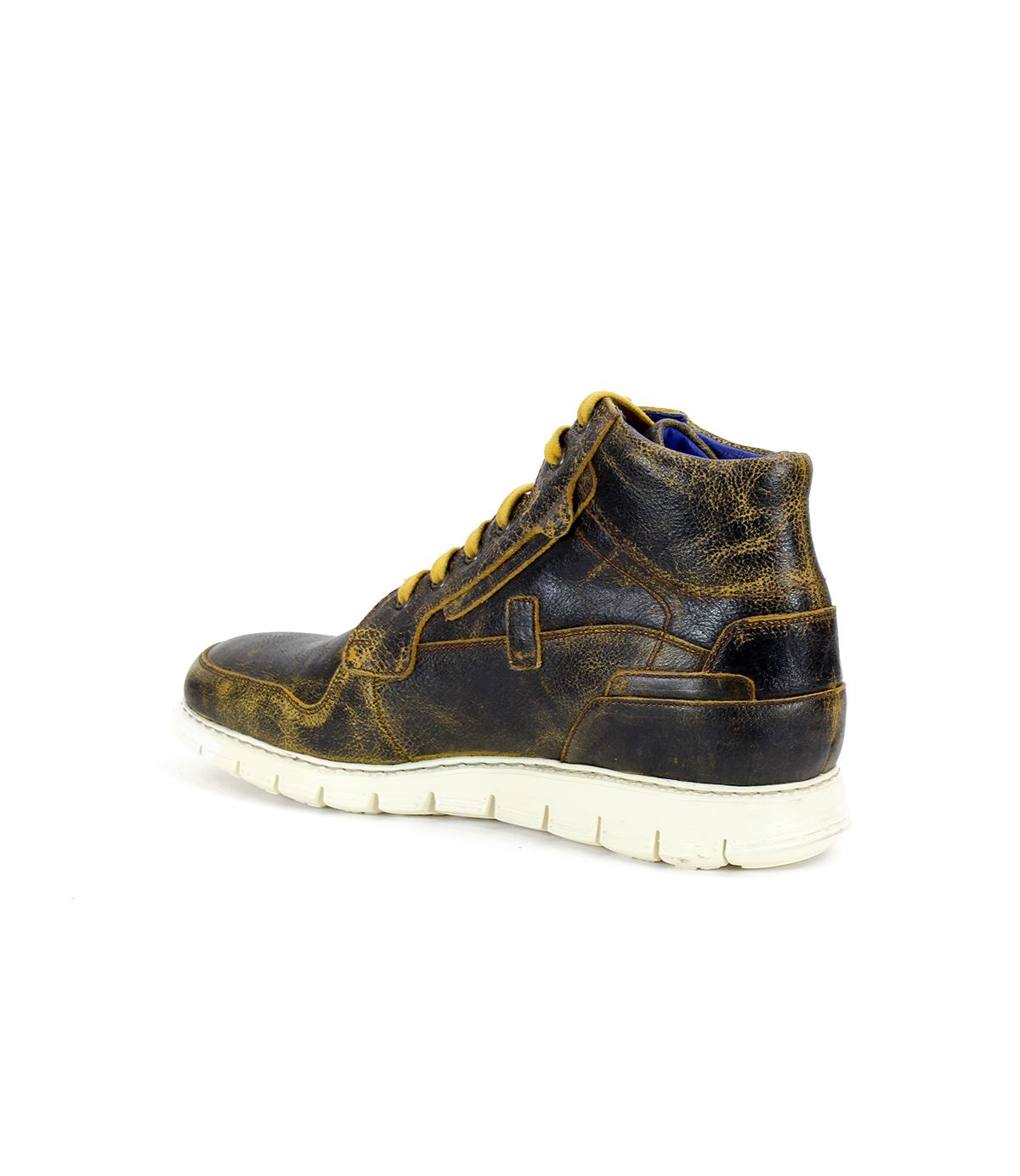 The Bed|Stü Galahad is a single brown leather high-top sneaker featuring yellow laces and a lightweight white rubber sole, displayed on a white background.