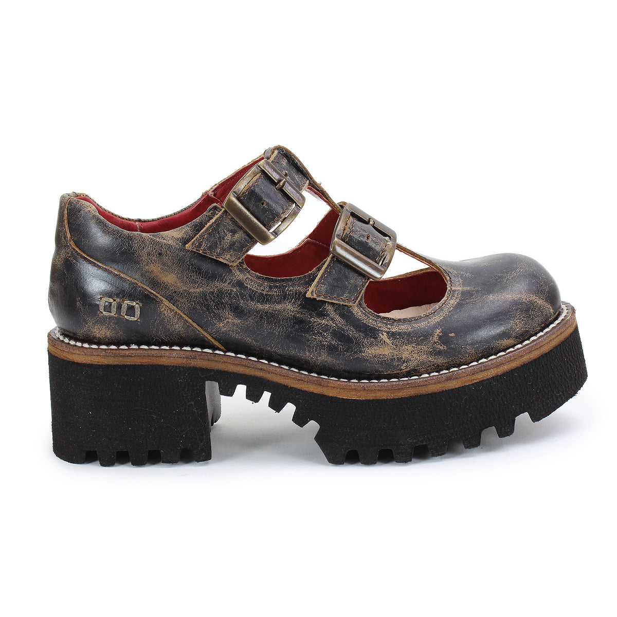 Brown leather Gear Mary Jane women’s shoe by Bed|Stü, featuring a chunky black XL Extralight sole, double-strap design with buckle accents, and a distressed finish, shown in a side view.