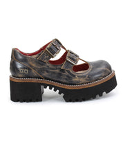 Brown leather Gear Mary Jane women’s shoe by Bed|Stü, featuring a chunky black XL Extralight sole, double-strap design with buckle accents, and a distressed finish, shown in a side view.