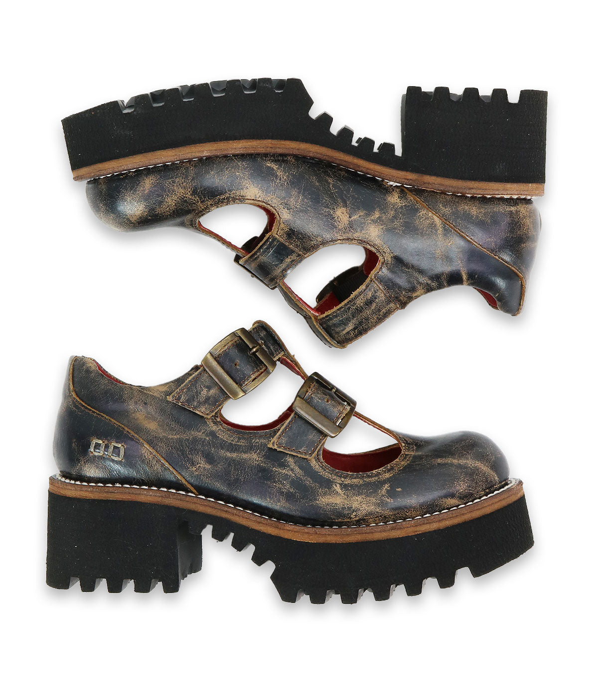 A pair of Bed|Stü Gear women’s shoes in distressed brown leather, featuring a double-strap design, thick black XL Extralight lug soles, and visible stitching, are displayed side by side on a white background.