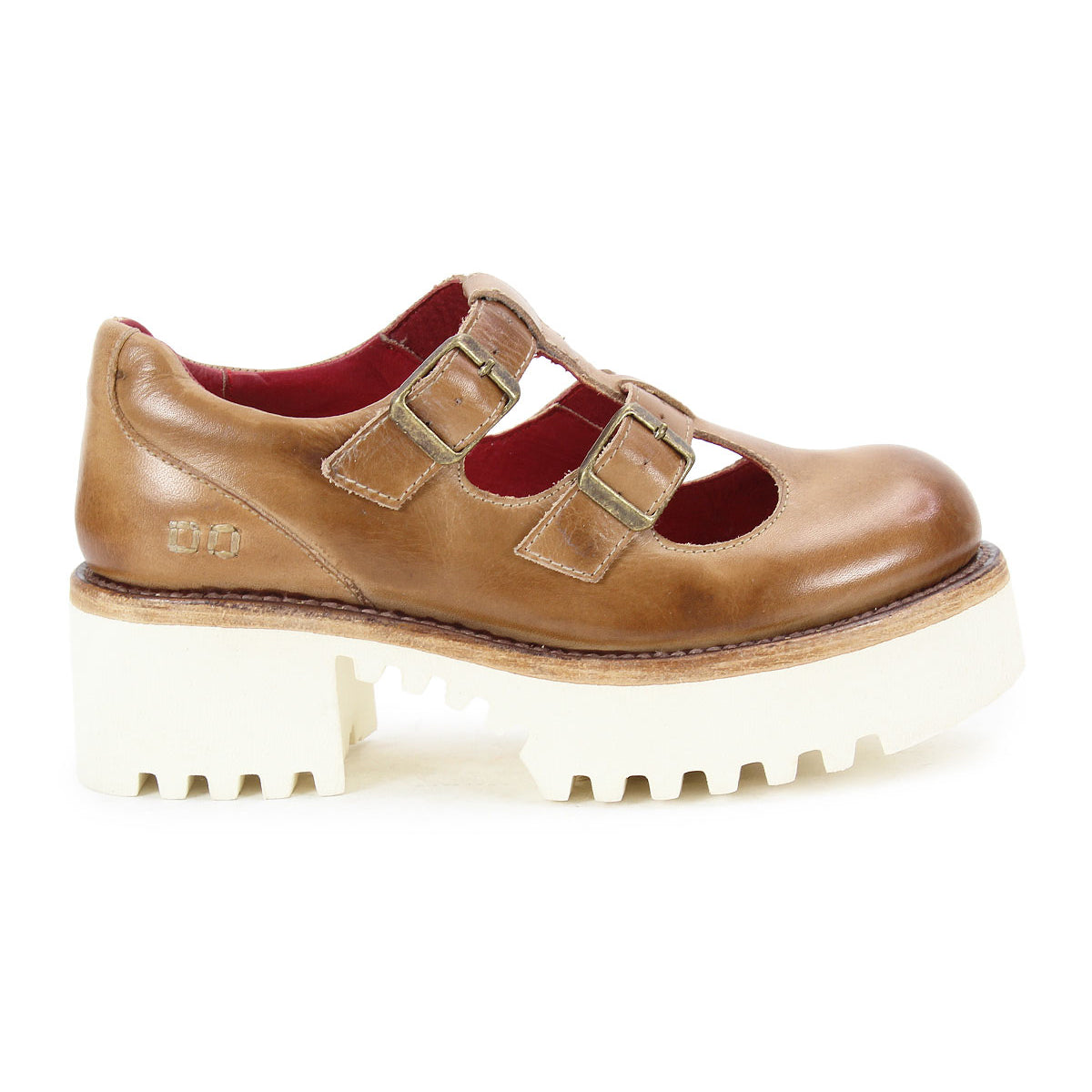 Bed|Stü Gear—women’s Mary Jane in brown leather with a double-strap design featuring two buckle straps, cut-out details, and a chunky white XL Extralight sole; shown in side profile on a white background.