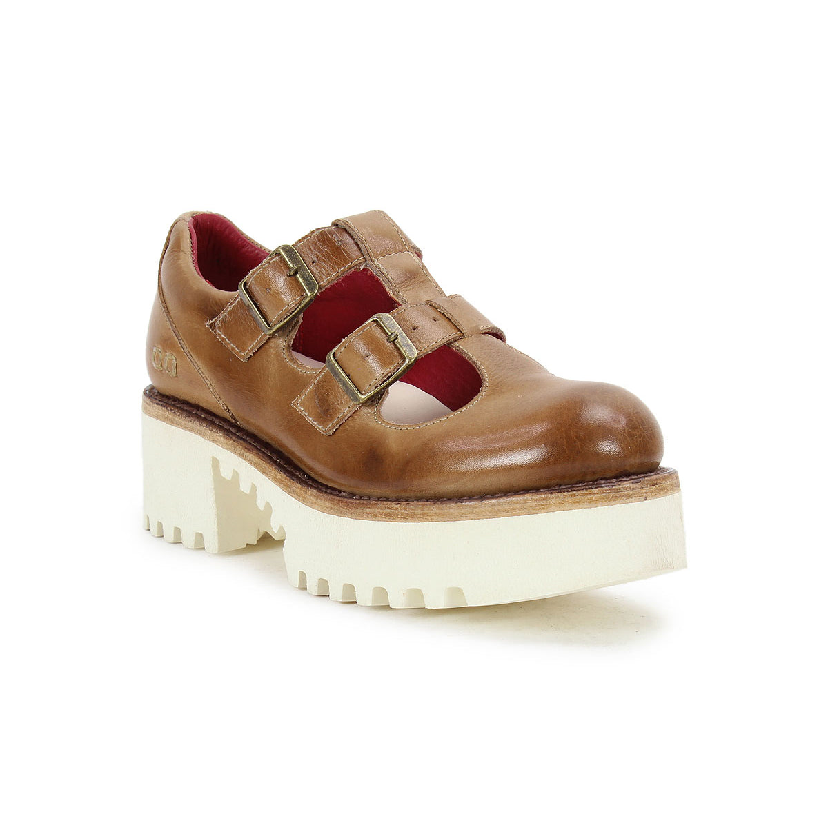 Introducing the Bed|Stü Gear: a women’s brown leather shoe with double-strap buckle closures, set atop a thick white XL Extralight sole for enhanced comfort. The striking red interior lining adds a bold touch, while the angled display on a white background highlights its stylish design.