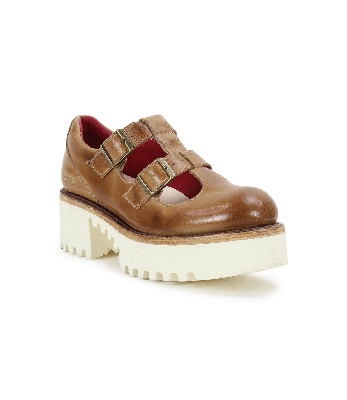 Introducing the Bed|Stü Gear: a women’s brown leather shoe with double-strap buckle closures, set atop a thick white XL Extralight sole for enhanced comfort. The striking red interior lining adds a bold touch, while the angled display on a white background highlights its stylish design.